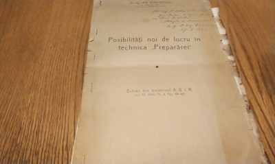 POSIBILITATI NOI DE LUCRU IN TECHNICA &amp;quot;PREPARAREI&amp;quot; - ION MARINESCU (dedicatie-autograf) - 1938, 12 p. (pagini dactilografiate) foto