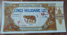 REPRODUCERE bancnota specimen 5 milion 1947- Romania