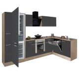 Mobilier de bucătărie de colț Yorki 310, cu corp din stejar Sonoma, fațadă antracit cu finisaj satinat, cu element inferior pentru cuptor și frigider