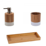 Set accesorii din bambus pentru baie, dozator sapun lichid, pahar si savoniera, alb natur, Oem