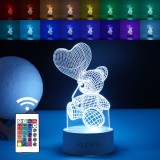 Lampa led decorativa, flippy, 3d, ursulet cu balon inima, cu telecomanda, doua moduri de alimentare usb si baterii, 20 cm inaltime, din material acril