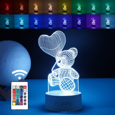 Lampa LED decorativa, Flippy, 3D, Ursulet cu balon inima, cu telecomanda, doua moduri de alimentare USB si baterii, 20 cm inaltime, din material acril foto