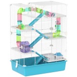 PawHut Cușcă pentru Hamsteri cu 6 Nivele, Tuneluri, Căsuță, Sticlă de Apă, Rampe, 2 Uși și Roată, 58x36x81 cm, Albastru | Aosom Romania
