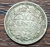 (A644) MONEDA DIN IMAGINT OLANDA - 10 CENTS 1936, REGINA WILHELMINA, Europa, Argint