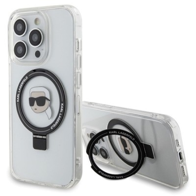 Husa pentru iPhone 15 Pro - Karl Lagerfeld Hardcase Ring Stand MagSafe (KLHMP15LHMRSKHH) - White Karl Head foto