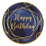 Set Farfurii Carton, Happy Birthday, Albastru și Auriu, 18cm, 6 Bucăți