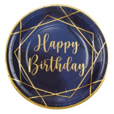 Set Farfurii Carton, Happy Birthday, Albastru și Auriu, 18cm, 6 Bucăți