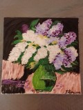TABLOU PE PANZA CU SASIU NOU 50X50 CM VAS CU FLORI DE LILIAC ACRILIC PRET 100 LEI