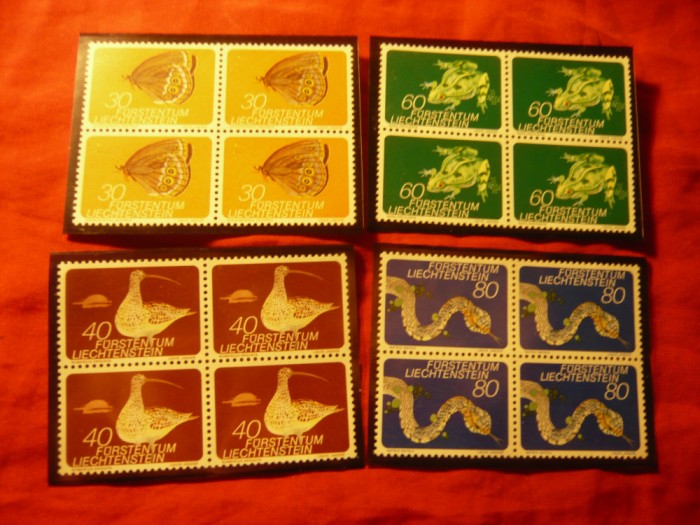 Serie Liechtenstein 1973 - Fauna, 4 val. in blocuri de 4