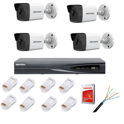 Kit supraveghere complet cu 4 camere IP, 4MP, lentila 2.8mm, IR 30m, NVR 4canale IP rezolutie 4k, accesorii SafetyGuard Surveillance foto