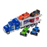 Camion de jucarie cu trailer tractare si 6 masini, albastru, scara 1:32, 38x9x11 cm, Oem