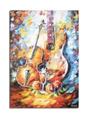 Tablou natura statica cu viora si chitara pictat manual, 70x50cm ulei pe panza in cutit efect 3D