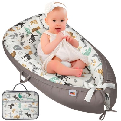 Cosulet Bebelusi pentru Dormit tip Baby Nest, cu Doua Fete, 0-24 Luni, 90x55cm, Husa Bumbac, Confort &amp;amp; Siguranta, Alb/Gri Bej - Beige foto