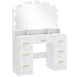 HOMCOM Masă de machiaj cu 10 becuri LED Hollywood, oglindă, 7 sertare, 3 compartimente, MDF, Alb | Aosom Romania