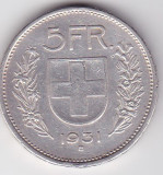 Elvetia 5 franci francs 1931 agatata, Europa, Argint