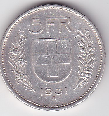 Elvetia 5 franci francs 1931 agatata foto