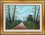 Tablou Peisaj Rustic cu Casa pictura in ulei pe p&acirc;nză, &icirc;nrămat rama lemn 70x90cm