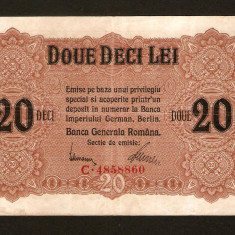 ROMANIA 20 Lei BGR - 1917 , Seria rara cu litera C . VF+ . Banca Generala Romana