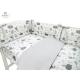 Lenjerie patut 3 piese cu protectie laterala Forest friends GreyMint din bumbac pentru patut 120x60 cm