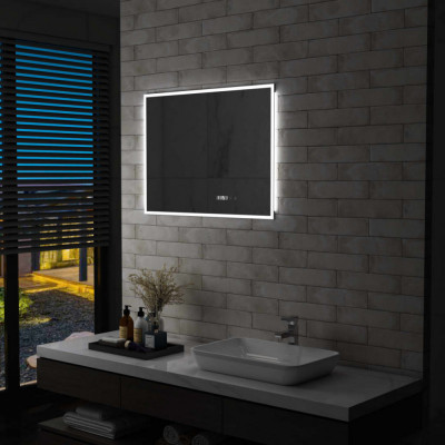 vidaXL Oglindă cu LED de baie cu senzor tactil și afișaj oră, 80x60 cm foto