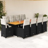 Set bistro de grădină, 11 piese, cu perne, negru, poliratan