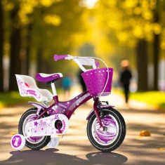 Bicicleta copii, 12 inch, V-brake, cadru otel 9 inch, cos si scaun papusi, Visitor Happy Puppy