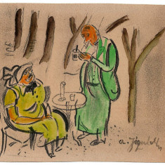 Domn si doamna la ceai - desen color original Aurel Jiquidi