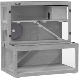 PawHut Cușcă pentru Hamster din Lemn, 3 Niveluri cu Căsuță, Roată, Rampe, Panou Transparent, Spații Separate, 80x50x84cm, Gri | Aosom Romania