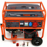 Generator curent 7.5kW 7000W 230V 380V 12V + pornire electrica la cheie + manere si roti motor benzina 15CP (KD147), Kraft&amp;Dele