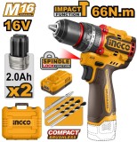 Bormasina cu Impact 16V 66Nm Brushless 2 Viteze 0-500/0-2000 rpm Mandrina Metalica 13mm 30000 bpm 22+1+1 Trepte Cuplu CIDLI166062 cu 2 Acumulatori 2Ah