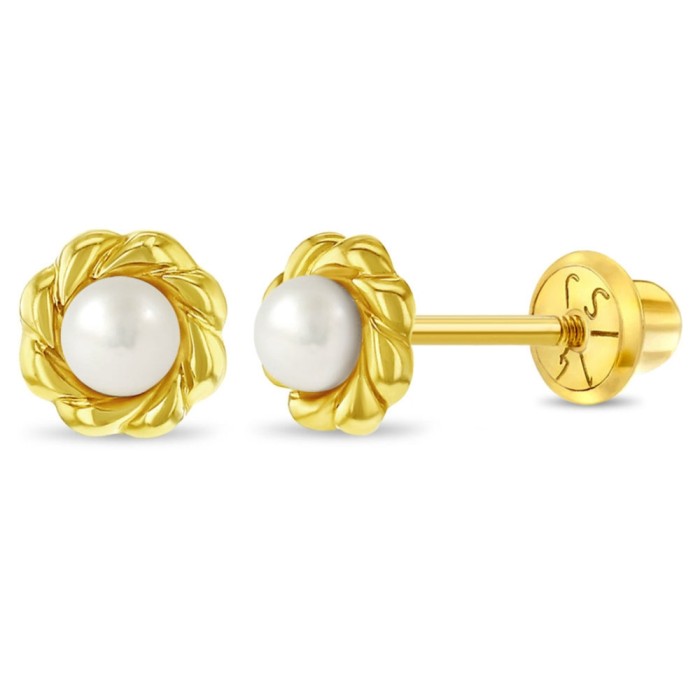 Cercei din Aur 14K pentru Copii si Bebelusi, model Clasic cu Perla de Cultura 3 mm in Montura Impletita, inchidere cu Filet si Protectie