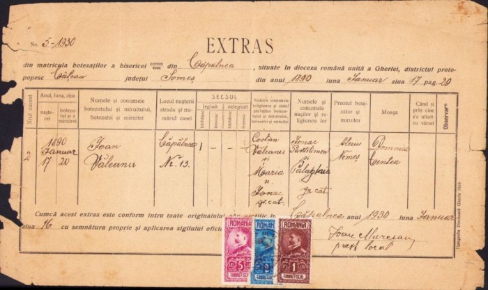 A1113 Extras registru biserică Căp&acirc;lna, 1930, profesor Ioan Văleanu, Cluj