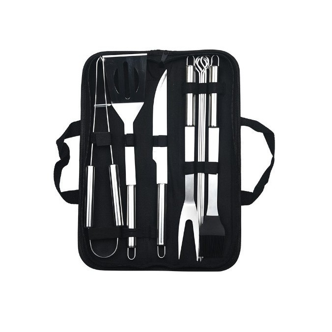 Set 9 ustensile pentru gratar, flippy, din otel inoxidabil, geanta oxford, argintiu