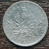 (A996) MONEDA DIN ARGINT FRANTA - 5 FRANCS 1963, SEMANATOAREA, 12 GRAME, AG 835