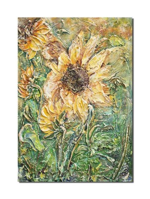 Tablou ultra 3D cu floarea soarelui pictat manual, 100x70cm acril pe panza in cutit, Kenny Varniote foto