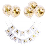 Set 5 Baloane Confetti Auriu + Banner Happy Birthday Alb - Decoratiuni Aniversare, Petrecere Copii, Baloane Latex, Baloane cu Confetti