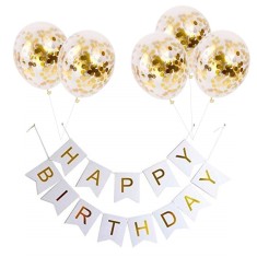 Set 5 baloane confetti auriu si banner Happy Birthday alb foto