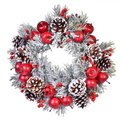 Inel Decorativ Crăciun, Model Zapada Conuri Mere Berries, Culoare Roșu-Alb, Diametru 34cm foto