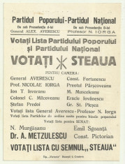 Ilustrata electorala Partidul Poporului Averescu - Partidul National Iorga, 1920 foto