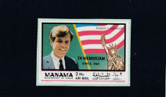 Manama 1969-Robert F.Kennedy,nedantelat,Mi.201B (decupat din Bl.C35A) foto