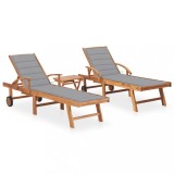 Set 2 Șezlonguri vidaXL Lemn Tec, Masă &amp; Pernă, Reglabil, 195cm, Gri - Relaxare Premium Grădină/Terasa