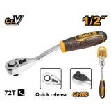 Cheie cu Clichet Tubulare 1/2, 72T, 260mm, Cr-V Industrial, maner pvc Ingco HRTH8412