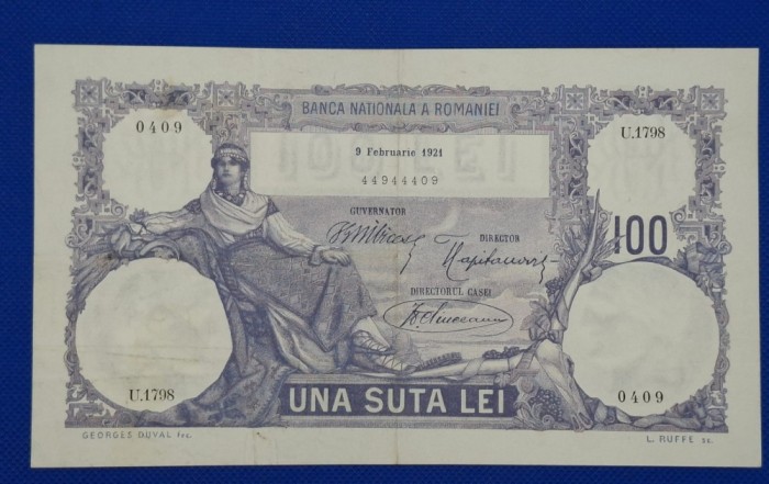 100 lei 1921, seria U.1798 0409, culoare albastră, stare foarte bună, rară