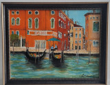 PICTURA ulei, TABLOU modern nou, -GONDOLE IN VENETIA -, pictor roman consacrat, Peisaje, Realism