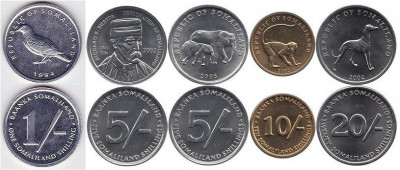 SOMALILAND █ SET DE MONEDE █ 1 + 5 + 5 + 10 + 20 Shillings █ 1994-2005 █ UNC foto