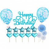 Cumpara ieftin Set 17 toppere pentru decorat tortul, cu inimioare, stelute, baloane, banner Happy Birthday, de culoare albastra, perfect pentru aniversari sau petrec