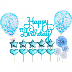 Set 17 toppere pentru decorat tortul, cu inimioare, stelute, baloane, banner Happy Birthday, de culoare albastra, perfect pentru aniversari sau petrec