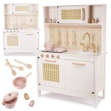 Bucatarie din lemn pentru copii 100x68x29 cm, cu accesorii si efecte luminoase, stil retro, MDF si plastic, boho, crem Household NewTrend