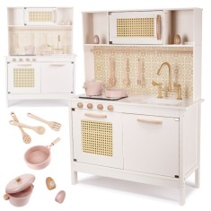 Bucatarie din lemn pentru copii 100x68x29 cm, cu accesorii si efecte luminoase, stil retro, MDF si plastic, boho, crem Household NewTrend
