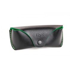 Toc Etui ochelari soare vedere din piele naturala, Handmade, lucrat si cusut manual, Clio, Negru print cu Verde, Produs in Romania